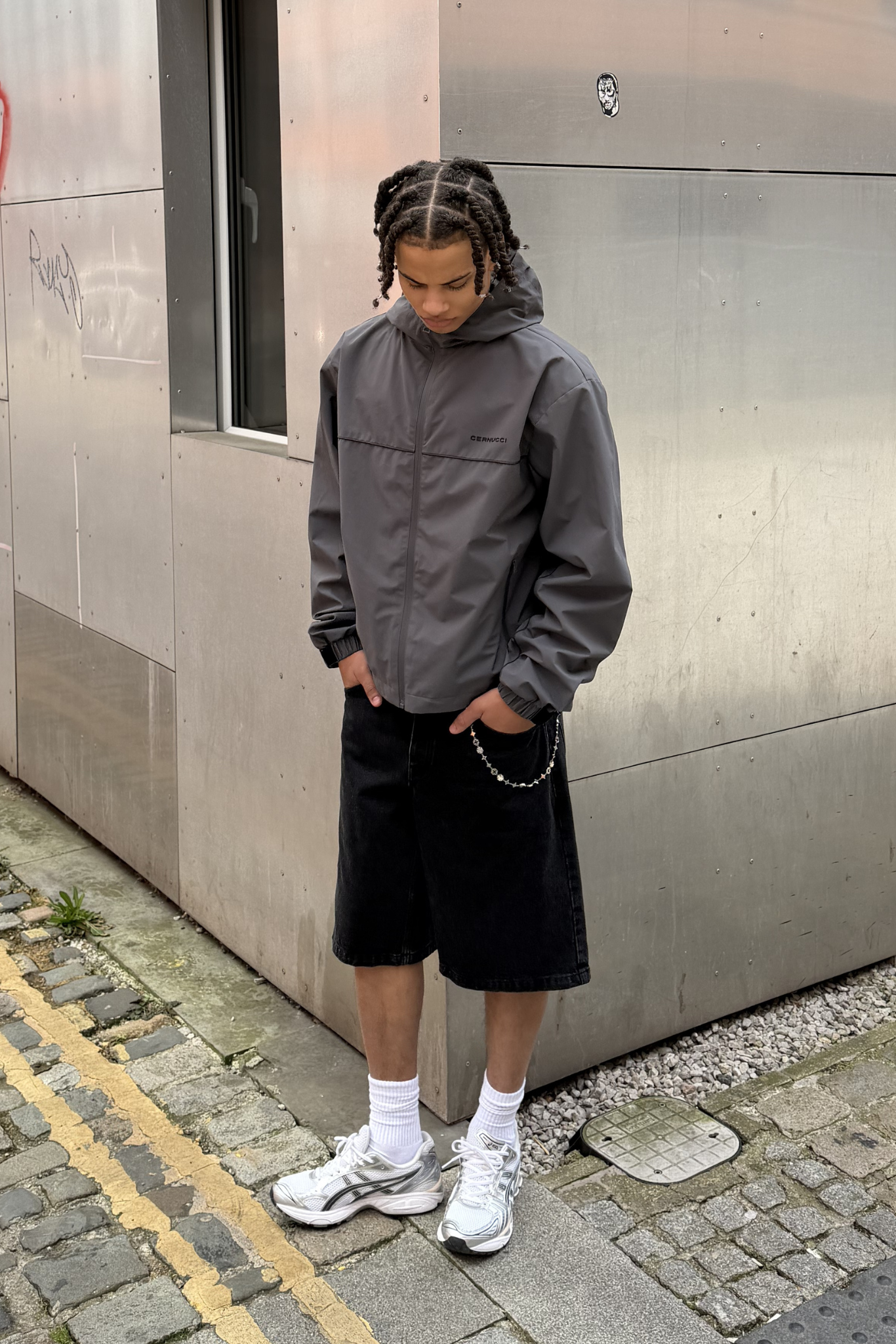Nylon Windbreaker With Piping - Charcoal
